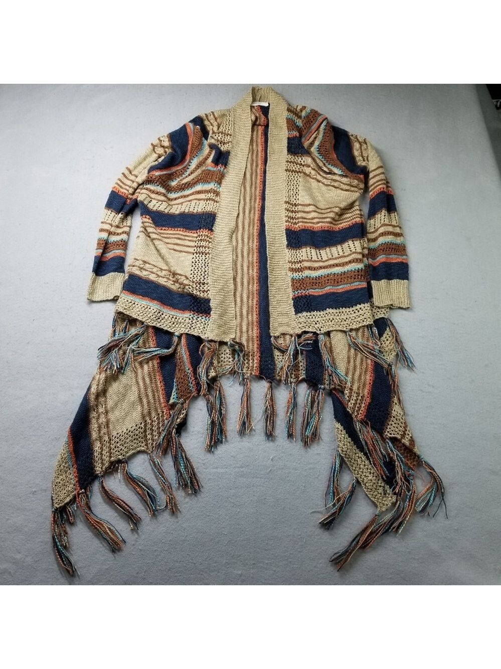 Ya Ya Club Kimono Wrap Womens Size M Brown Blue Striped Semi Sheer
